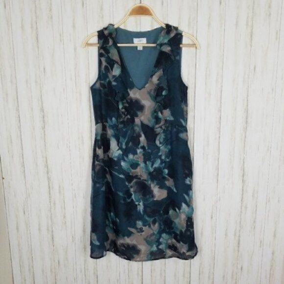 LOFT Teal Ruffled Sleeveless Printed Shift Dress - Picture 2 of 5